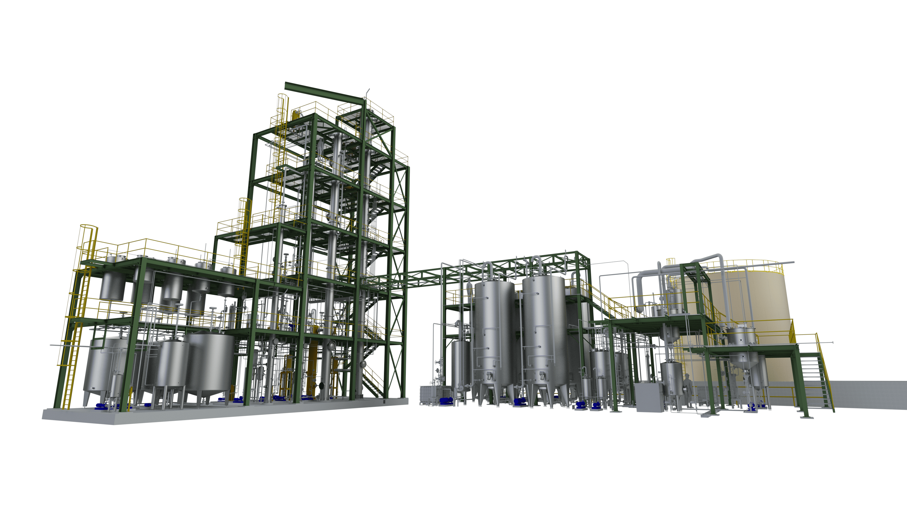 Uitgebreide plant met distilleerkolommen en proceslijnen